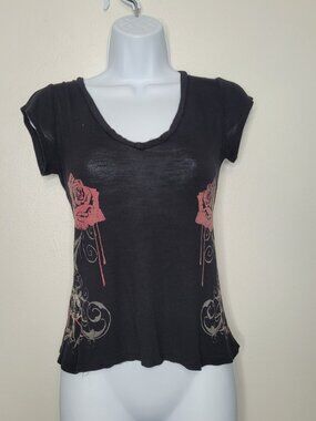 Banana Expression black red flower emo cyber grunge short sleeve baby tee small